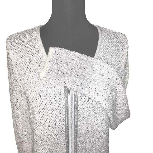 Laura Ashley large ladies white open knit silver sequent pocket zip cardigan - Picture 6 of 10